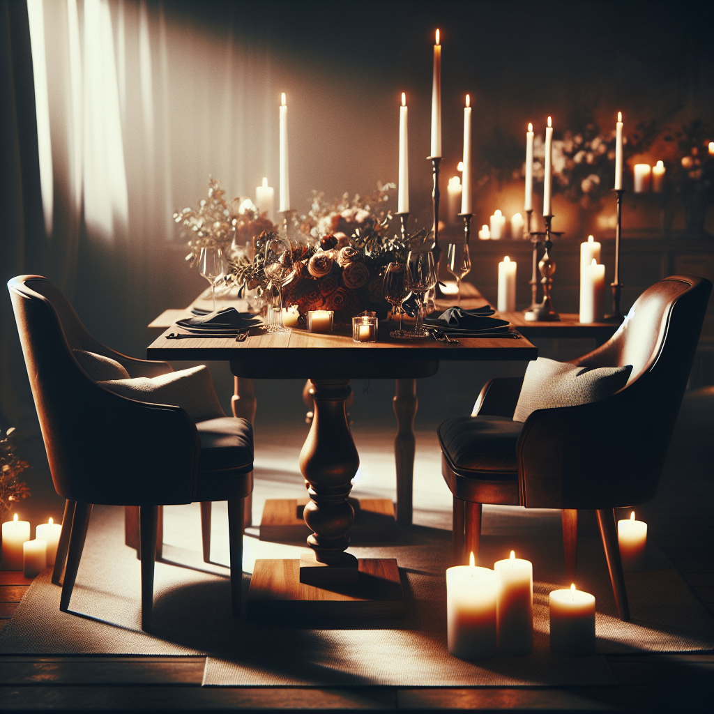 A romantic dinner setting with dim lighting, a table for two elegantly decorated with flowers and candles, symbolizing a Valentine's Day celebration with a masculine touch.