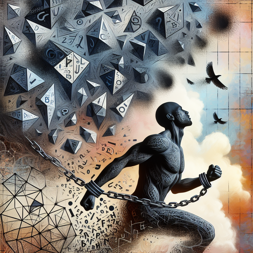 A complex and intense illustration showing a person breaking free from psychological chains, symbolizing liberation from manipulation, with abstract shapes symbolizing words and communication.