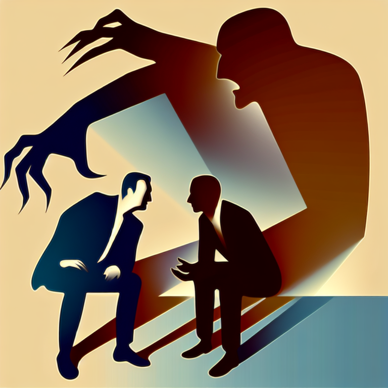 A visual depiction of psychological manipulation, showing shadows of a puppet master above a couple having a tense conversation, with expressions of confusion and realization on their faces.