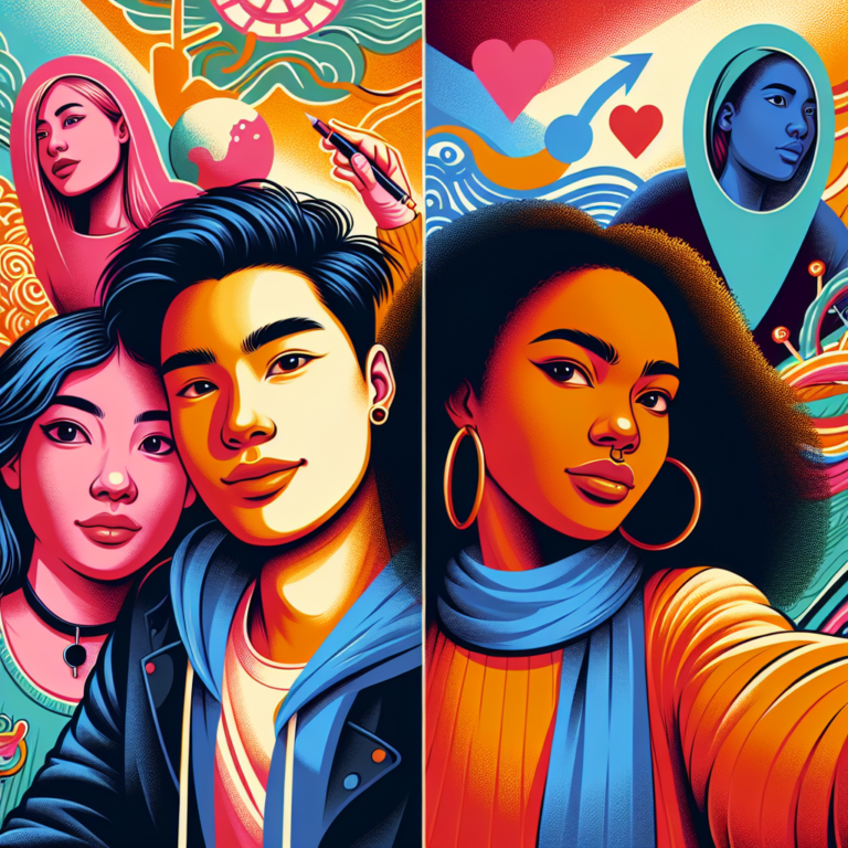 A vibrant and dynamic illustration of young diverse couples in non-traditional settings, symbolizing modern love and breaking societal norms; featuring elements of independence and connection with a colorful and expressive background.