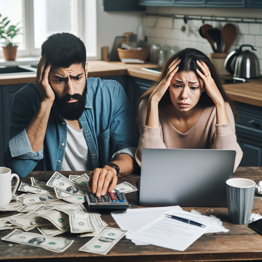 A couple sitting at a kitchen table with a laptop and bills, looking concerned. The scene reflects a tense atmosphere due to financial discussions, with elements like coffee cups, calculators, and note pads scattered on the table.