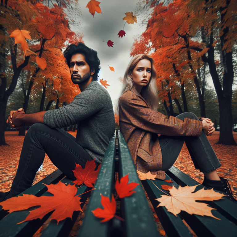 A couple sitting on a park bench, looking away from each other, distance between them is apparent, surrounded by autumn leaves, somber mood, overcast sky.