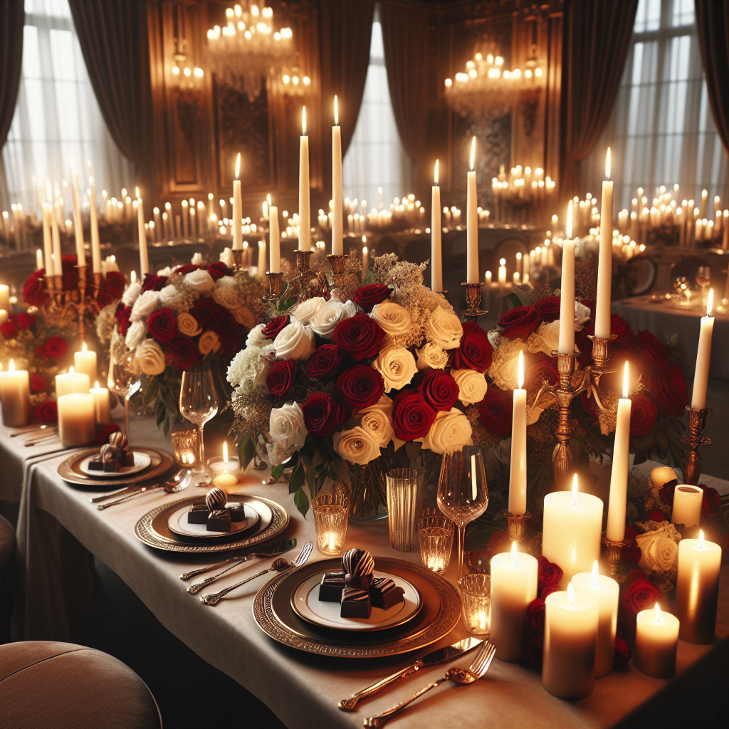 A romantic dinner setup for two with candles, flowers, and soft lighting, capturing a warm and intimate Valentine's Day atmosphere.