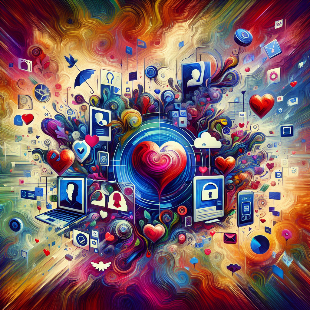An abstract representation of online dating and relationships, illustrating the complex dynamics of trust and infidelity, with digital elements symbolizing Tinder and modern romance.