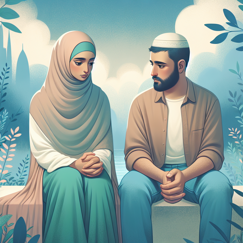 A peaceful and empathetic breakup scene between two people in a calm setting, with soft, soothing colors and expressions of understanding and respect on their faces.