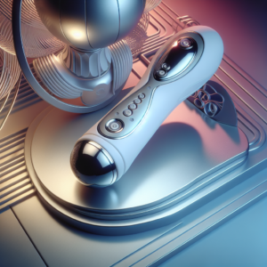 Un sextoy moderne et tech dans un cadre futuriste et élégant, avec un éclairage doux et des tons pastel, évoquant la technologie et le bien-être.