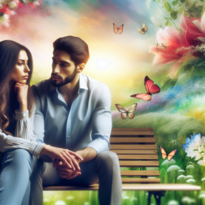 A thoughtful couple sitting together on a park bench, reflecting on their relationship. Soft, natural lighting with a background of blooming flowers and springtime greenery.