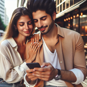 Un couple moderne échangeant des SMS romantiques tout au long de la journée, avec des gestes attentionnés et des sourires sincères, dans un cadre urbain chic et chaleureux.