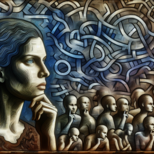 Une scène montrant une femme réfléchissant avec un fond illustratif symbolisant la manipulation mentale, avec des motifs de dialogues en arrière-plan, style psychologique et introspectif.