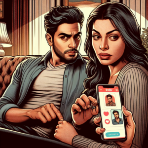 A digital illustration showing a couple sitting on a couch looking suspiciously at a smartphone displaying a Tinder-like app. The background suggests a cozy room with a subtle tension between them.
