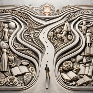 An artistic depiction of a couple standing at different milestones in a long road, symbolizing the critical years in a relationship, surrounded by symbols of love and counseling, representing overcoming challenges through communication.