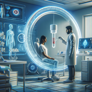 A futuristic medical scene featuring a woman in a doctor's office submitting a saliva sample for analysis, surrounded by modern diagnostic equipment, conveying hope and innovation in women's health.