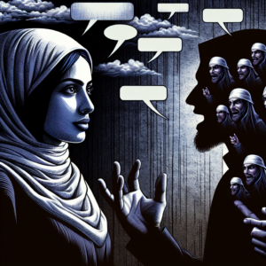 An illustration showing a conversation between a person and a shadowy figure, representing a manipulative narcissist, with phrases in speech bubbles. The setting is emotionally intense, conveying manipulation and awareness.