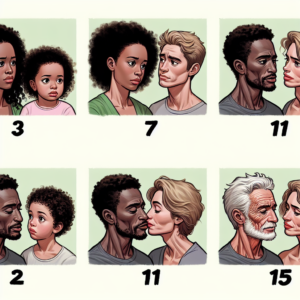 Un couple traversant différentes étapes de la vie ensemble, illustré par quatre panneaux indiquant les années 3, 7, 11 et 15, avec des émotions variées comme la confusion, la discussion et la réconciliation.