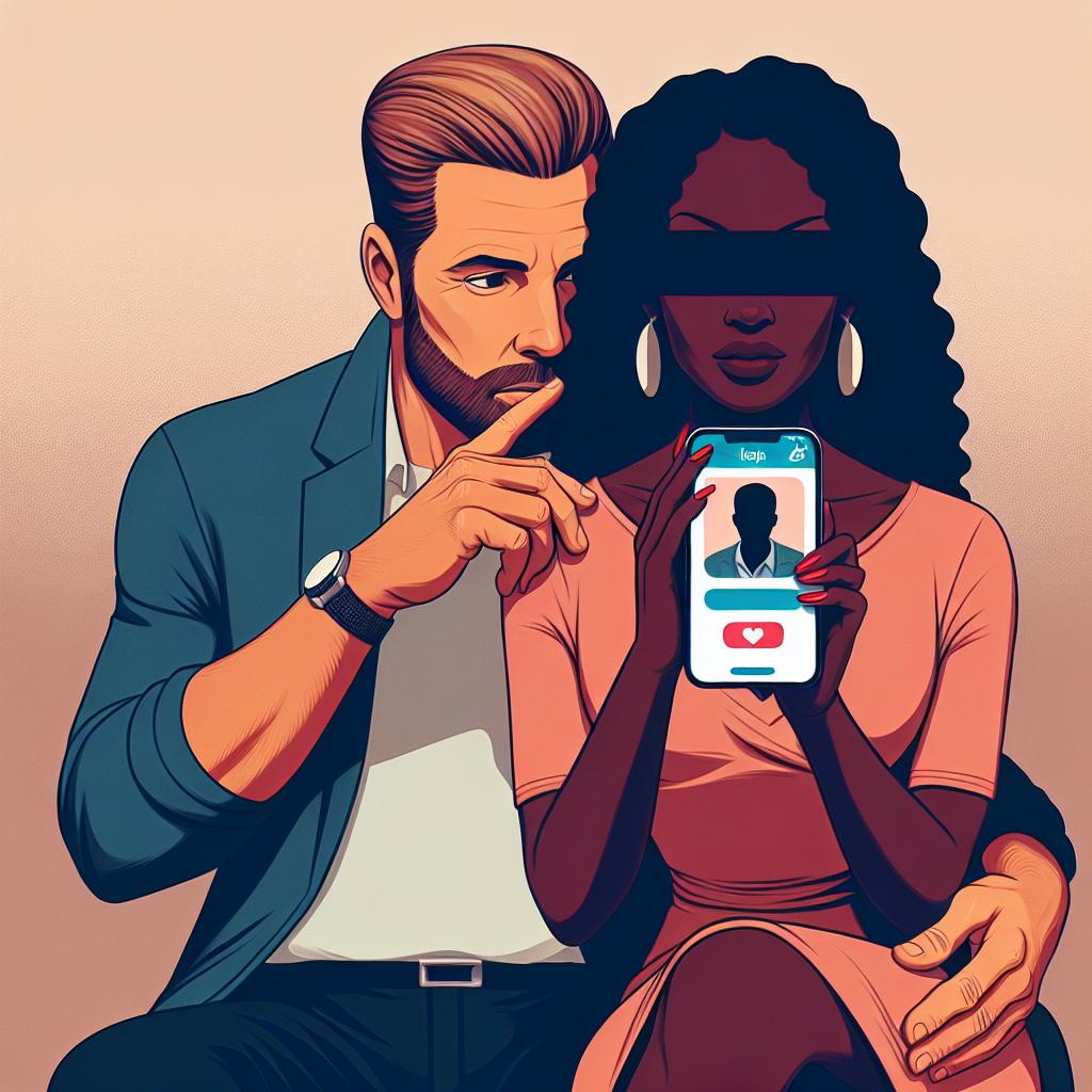 Une illustration représentant un couple, l'un consultant discrètement un téléphone portable montrant une application de rencontre, avec une atmosphère de méfiance et de découverte numérique.