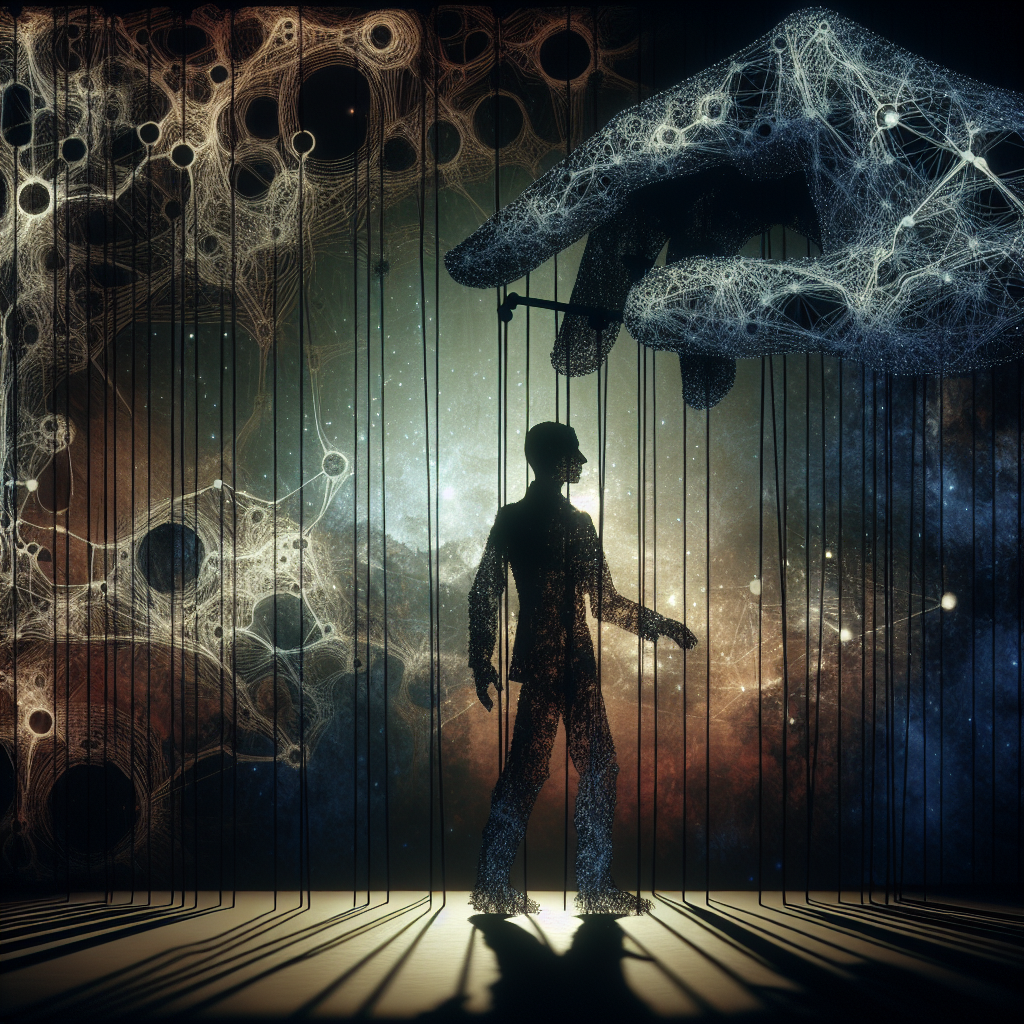 A psychological representation of manipulation, featuring an abstract image of entangled puppeteer strings controlling a silhouette of a person, with a dark, moody atmosphere that conveys the concept of psychological manipulation.