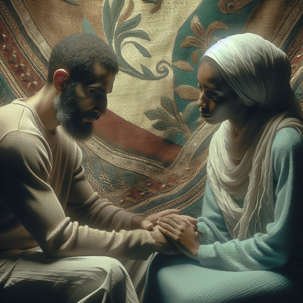 A peaceful scene of a couple talking earnestly amidst a backdrop of soft, soothing colors, symbolizing mutual respect and understanding during a breakup.
