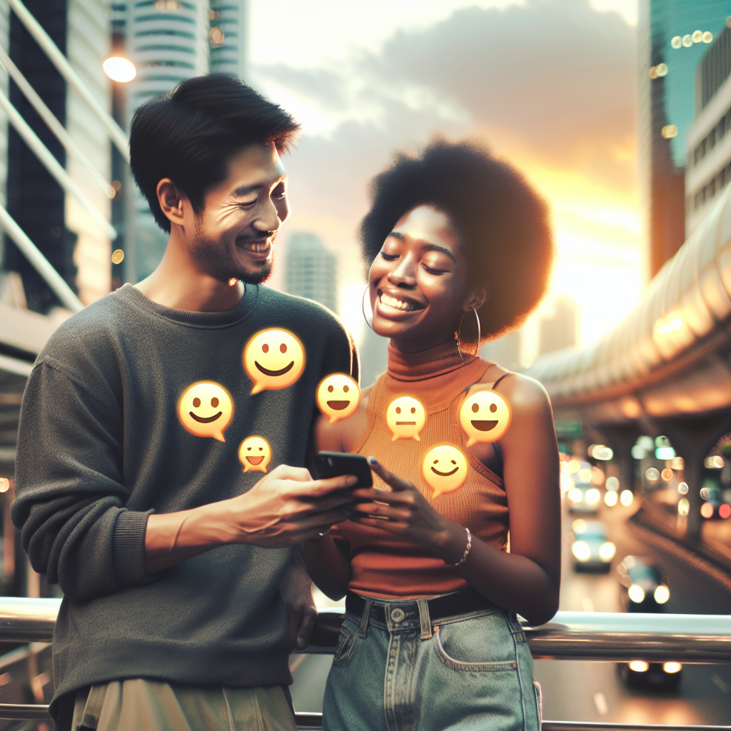 A romantic scene depicting a couple deeply in love, with a man texting a woman amidst a backdrop of urban day-to-day life, showing care and affection through digital communication. Bright and warm tones represent love and connection.