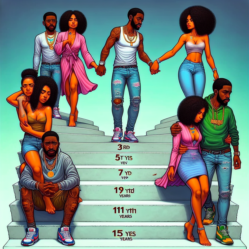 An illustration showing a couple at different stages of their relationship, going through emotional ups and downs, symbolizing the challenges faced during critical phases like the 3rd, 7th, 11th, and 15th years, with vibrant colors and emotive expressions.