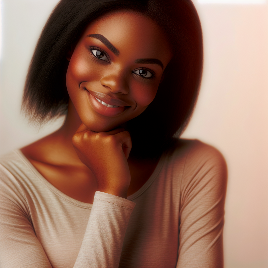 A thoughtful young woman, smiling gently, with sparkling eyes and a subtle body language showing affection, surrounded by soft colors to evoke feelings of love and curiosity.