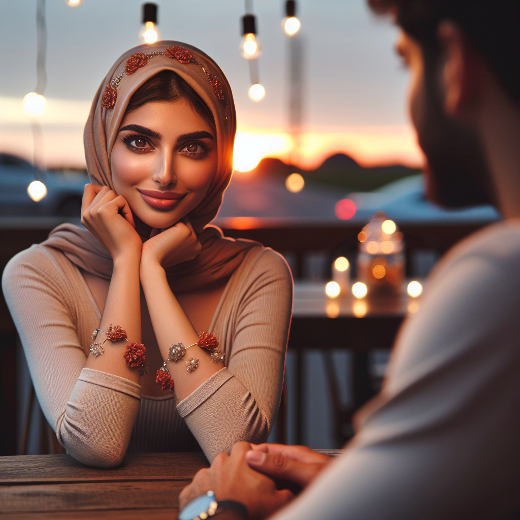 A romantic scene depicting a woman with a bright, gentle smile and sparkling eyes seated at a cafe table, subtly turned towards another person, capturing a warm and affectionate gaze.