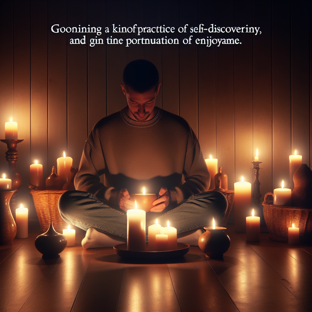 A person sitting in a tranquil room, with candles and soft lighting, experiencing the euphoric state of gooning, a unique meditation-like practice for self-discovery and prolongation of pleasure. The room is cozy and intimate, with an emphasis on the serenity and introspection involved in this practice.