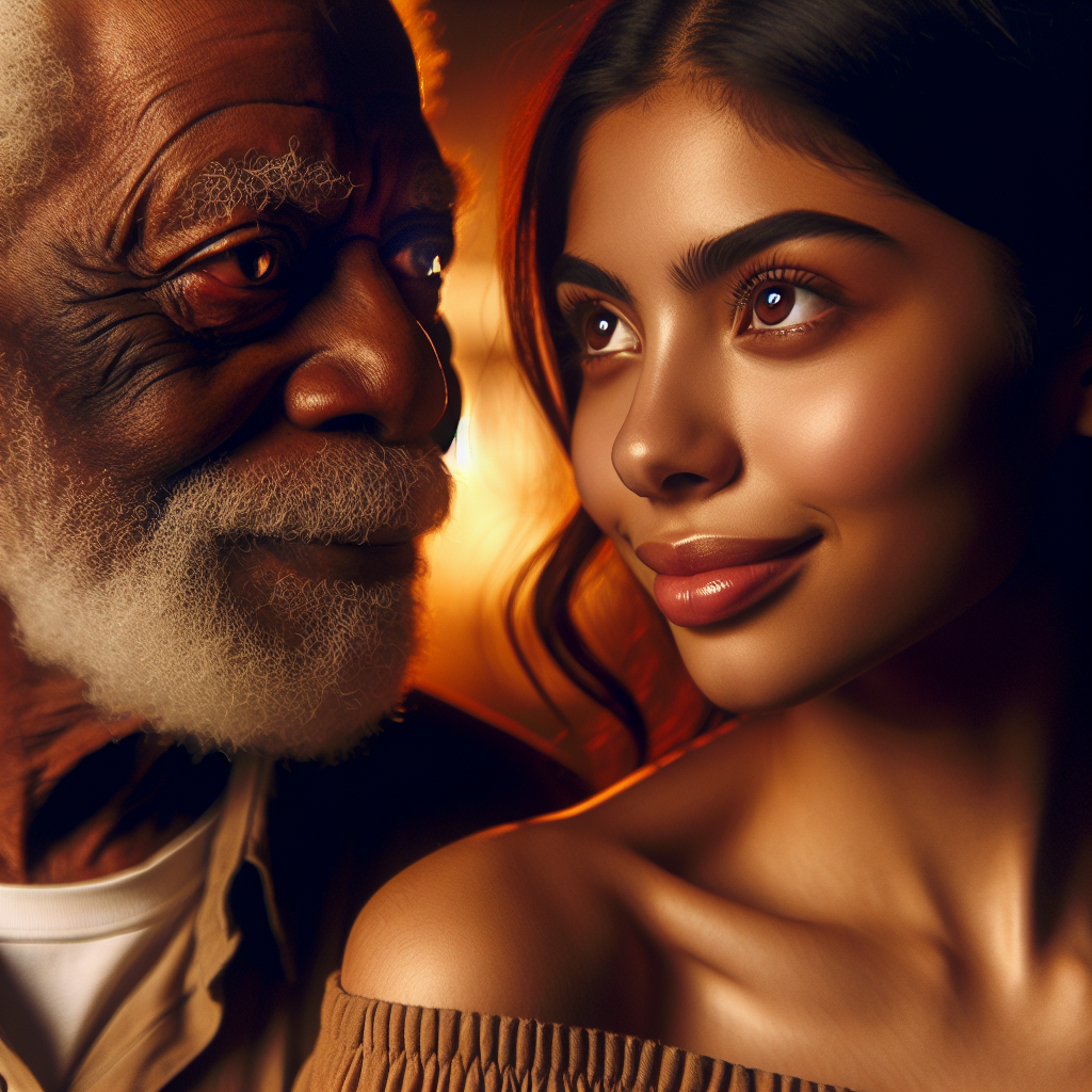 A diverse couple of different ages, looking at each other lovingly, set in a vibrant and warm environment. Capturing a sense of understanding and connection despite age differences.