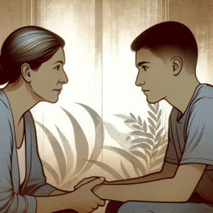 A thoughtful and emotional illustration of two people having a serious conversation, with a focus on mutual respect and understanding. The image conveys a sense of empathy and calmness, set in a neutral, softly lit room.