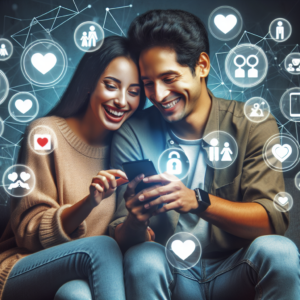 A couple happily using a smartphone together, surrounded by icons representing different relationship apps, depicting a modern technology-driven relationship enhancement.