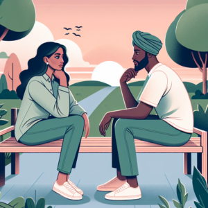 A calm and soothing illustration depicting a peaceful conversation between two people sitting in a park, with gentle pastel tones and serene expressions, symbolizing a considerate and respectful breakup.