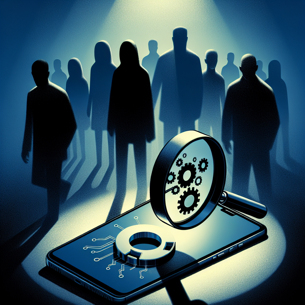 A symbolic image of a magnifying glass over a smartphone, with shadowy figures in the background, suggesting investigation and secrets in a digital context, focusing on a mysterious and thought-provoking atmosphere.