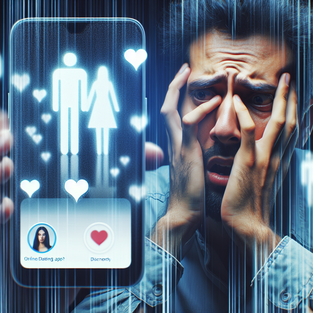 A worried individual looking at a smartphone screen with a Tinder app icon, symbolizing the theme of online infidelity and digital inquiries. The background shows a blurred image of a couple, emphasizing relationship concerns.