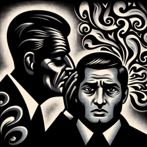 A dark, moody illustration of a shadowy figure whispering manipulative phrases to a person. The person appears distressed but determined, set against a backdrop of swirling abstract patterns symbolizing confusion and gaslighting.