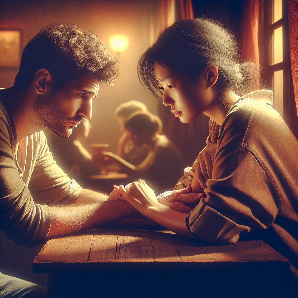 A heartbroken couple sitting face-to-face in a cozy cafe, one person gently holding the other's hand, both with a look of understanding and empathy on their faces, soft warm lighting, realistic style.