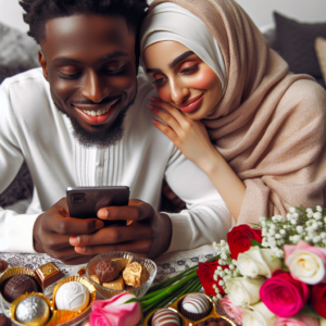 A tender moment between a couple, where the man is attentively sending a sweet text message while smiling, surrounded by small tokens of affection like flowers and chocolates, indicating thoughtfulness and affection in a cozy setting.