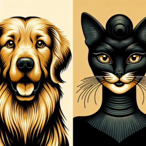 A trendy, stylized illustration of a couple where the male partner is depicted as a golden retriever dog, radiating warmth and friendliness, juxtaposed with a female partner styled as a sophisticated, mysterious black cat, symbolizing contrasting personalities in harmony.