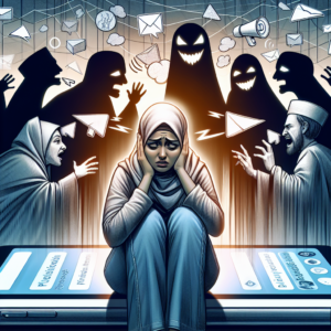 An illustration showing a frustrated person surrounded by manipulative, shadowy figures whispering in their ear, conveying the theme of psychological manipulation. The setting is modern and digital, reflecting the influence of online interactions.