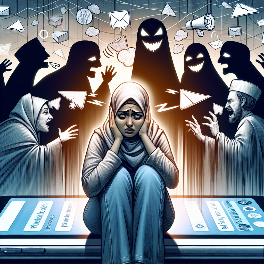 An illustration showing a frustrated person surrounded by manipulative, shadowy figures whispering in their ear, conveying the theme of psychological manipulation. The setting is modern and digital, reflecting the influence of online interactions.