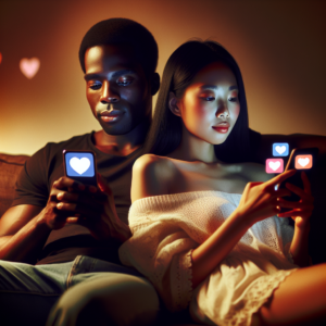 A couple sitting together on a cozy sofa, both holding smartphones, their screens showing colorful app icons related to love and relationship building. A warm, harmonious ambience surrounds them, emphasizing connection and modern technology in relationships.