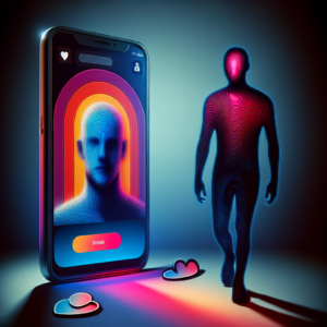 An illustration of a smartphone displaying a dating app interface, with a shadowy figure in the background symbolizing secrecy and digital footprints.