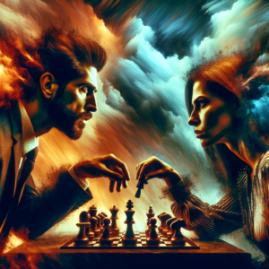 A psychological battle between a person and a narcissist, depicting a metaphorical verbal chess game. The setting is intense, with expressions of defiance and manipulation, using a dark and moody color palette.