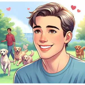 A joyful and caring young couple in a park setting, symbolizing a 'golden retriever boyfriend'. The young man has a cheerful smile, is caring and attentive, his eyes sparkling with kindness. The background is a sunny day with a few playful dogs visible in the distance.