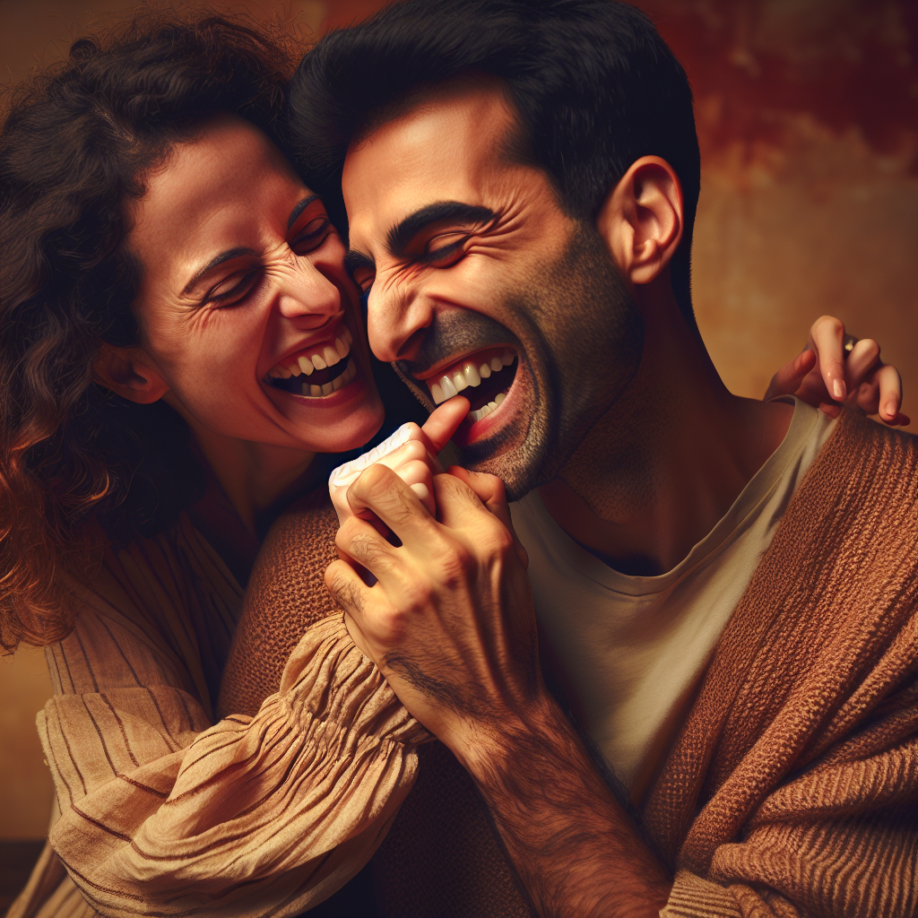 An intimate and playful scene where a couple is sharing a bonding moment, with one partner gently leaning towards the other with a playful intent to bite. The atmosphere is filled with laughter and affection, symbolizing love and emotional depth.