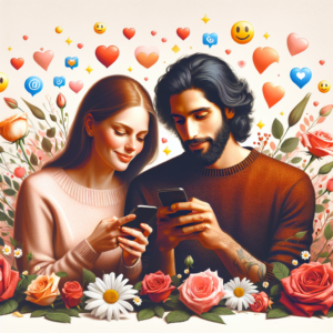 A romantic setting with a couple texting happily, surrounded by subtle romantic hints like flowers and smiling emojis, showcasing a modern, affectionate relationship.