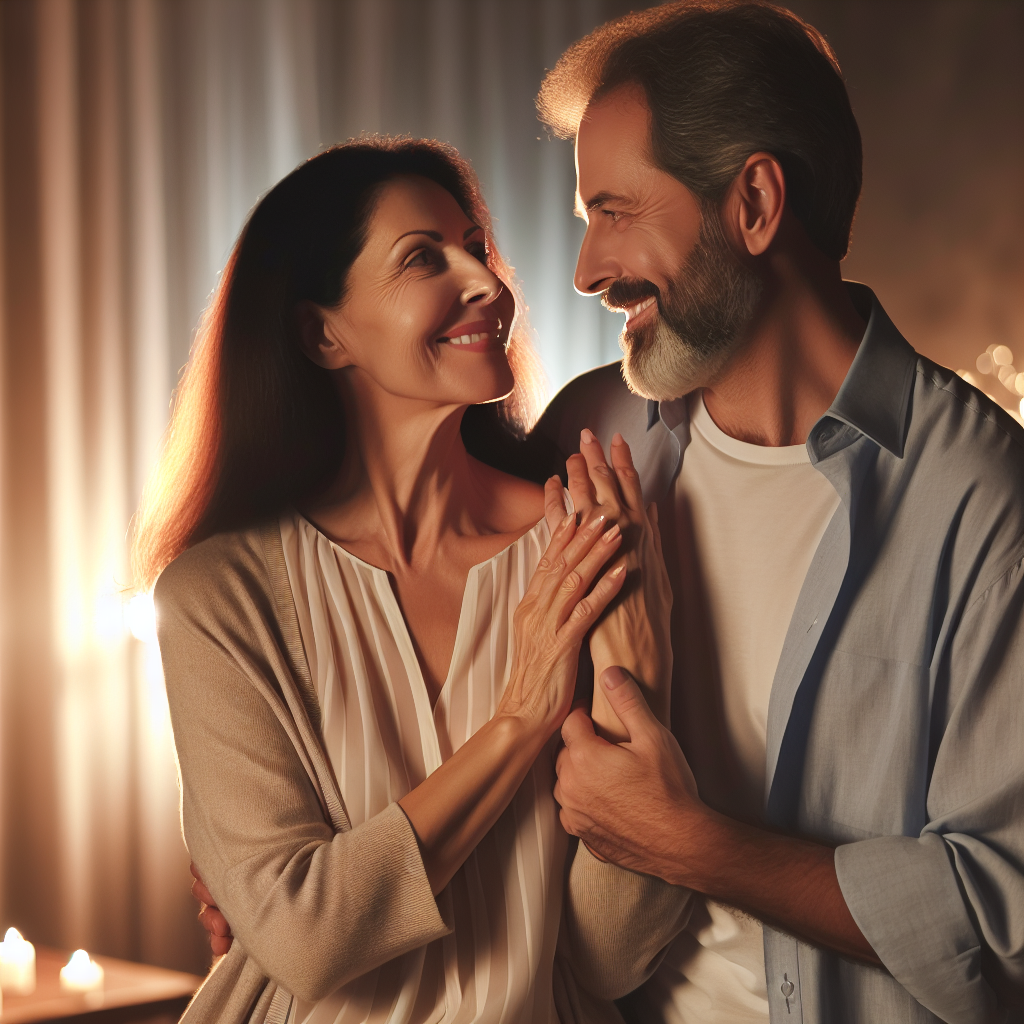 A diverse and harmonious couple representing minimal age difference, happily interacting in a romantic and serene setting, symbolized by soft lighting and a cozy atmosphere, reflecting love and understanding.