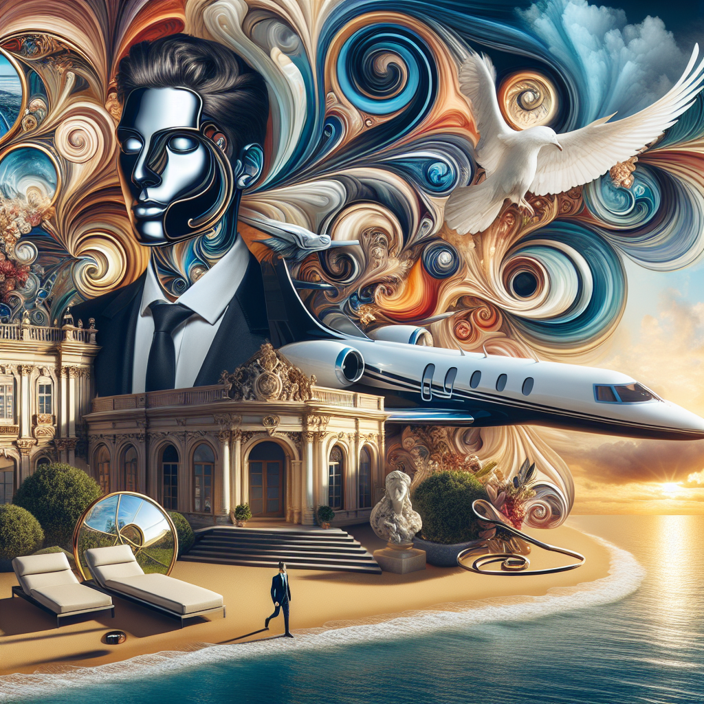 A surreal illustration of various male fantasies, including a luxurious palace, a beach setting, a celebrity, and a private jet; all blending into a dreamlike montage, capturing the essence of fantasy and desire.