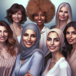 A diverse group of women, each representing different personality traits and appearances, smiling and looking confident. The background suggests an atmosphere of empowerment and individuality.