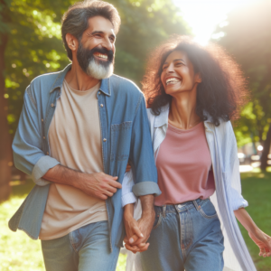 Un couple heureux avec une différence d'âge notable, marchant ensemble main dans la main dans un parc ensoleillé, symbolisant l'amour au-delà des chiffres.