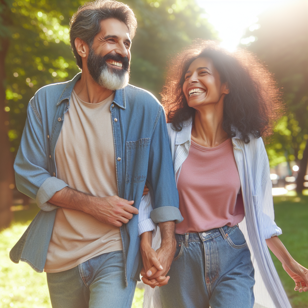 Un couple heureux avec une différence d'âge notable, marchant ensemble main dans la main dans un parc ensoleillé, symbolisant l'amour au-delà des chiffres.