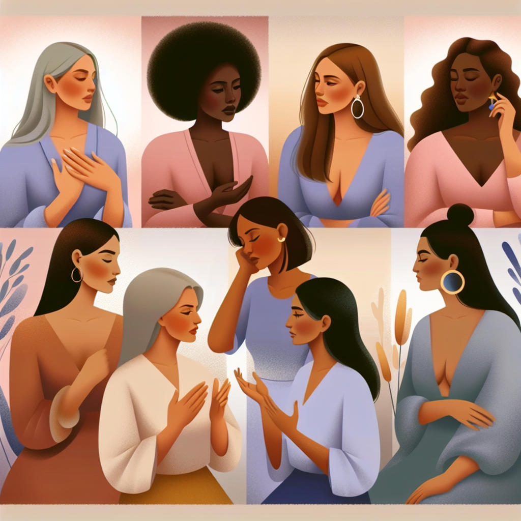 A diverse group of women, depicted in a respectful and abstract artistic style, exploring personal empowerment and comfort in discussing intimate subjects, surrounded by soft lighting and relaxing colors.